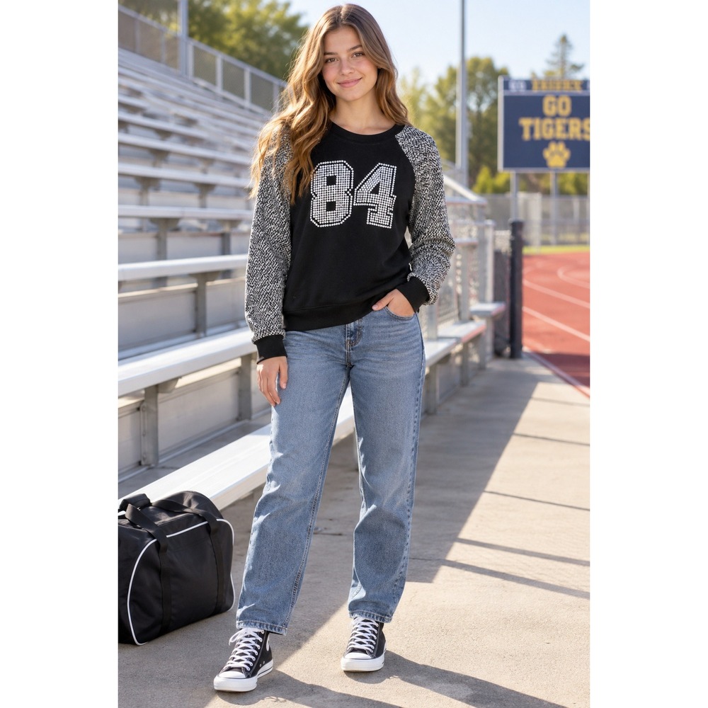 Epic Threads Girls XL Black Sequin 84 Raglan Sweatshirt Marled Knit Sleeves